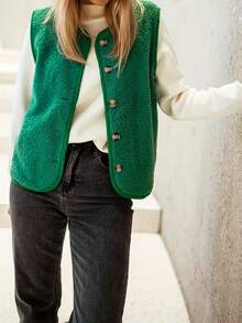 Solid Color Polka Dot Daily Home Wear Women's Faux Fur Vest - Loose Fit, Front Button, Sleeveless, Casual Wear Vest | Button Vest | Texture Vest Fall - Green - View 4