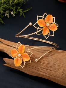 1 pièce Bague de cheville fleur orange, bracelet de cheville ajustable à double couche fleur orange exagérée style européen et américain, accessoire pour vacances et fêtes - Orange - Voir 3