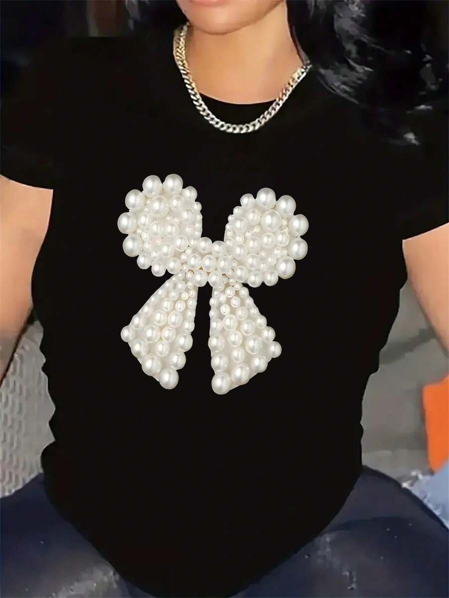 Camiseta de Manga Corta con Diseño de Lazo de Perlas, Tejido de , Ligera y Duradera, I para Uso Casual en Restaurantes o Salas