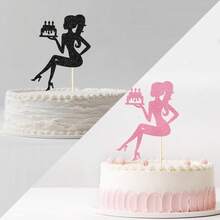 Black & Pink Glitter High Heel Shoes Women's Cake Topper, Elegant Sitting Silhouette Holding Birthday Cake, Bachelorette Party, Bridal Shower, Birthday Party Cake Decoration Supplies - View 2