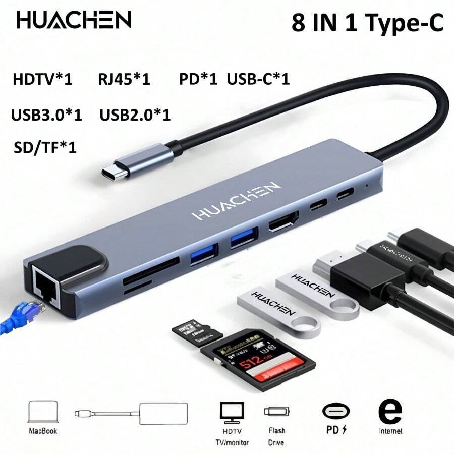 八合一 Type-C 擴充塢 - 支援 4K 高畫質電視輸出、USB 3.0 5Gbps SD/TF 讀卡機、RJ45 乙太網路埠、PD 100W USB-C 集線器,適用於硬碟、鍵盤、滑鼠、相機、印表機、網路攝影機及電子設備 - 銀灰色 - 查看 1