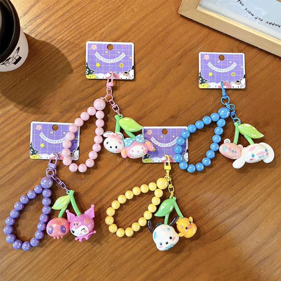 MINISO Sanrio 可愛角色串珠腕帶鑰匙圈,Kawaii 水果櫻桃包包吊飾,附彩色珠飾手鍊與夾扣鉤,後背包錢包配件,開學禮物,4 款可選 - 樣式 1 - 查看 1