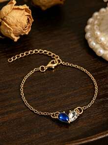 Vintage Palace Style Colorful Gemstone Teardrop Bracelet, Luxury Contrast Color Artificial Diamond French Elegant Thin Chain Bracelet, Women's Fashion Bracelet - Gold - View 12
