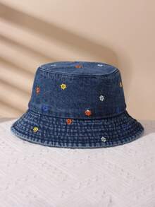 1 pieza Sombrero de cubo con patrón bordado protección solar moda casual desgastado para niños adecuado para viajes al aire libre y uso diario - Flores pequeñas - azul oscuro - Ver 3