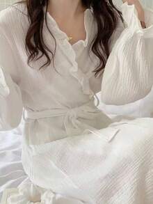 1pc Women's Bathrobe Yukata Morning Robe, European And American Minimalist Long Sleeve Sleepwear, Spring/Autumn New Sweet Cute Bathrobe, All-Over Black And White Long Sleeve Thin Solid Color Pajamas Homewear, Maillard Style - White - View 4