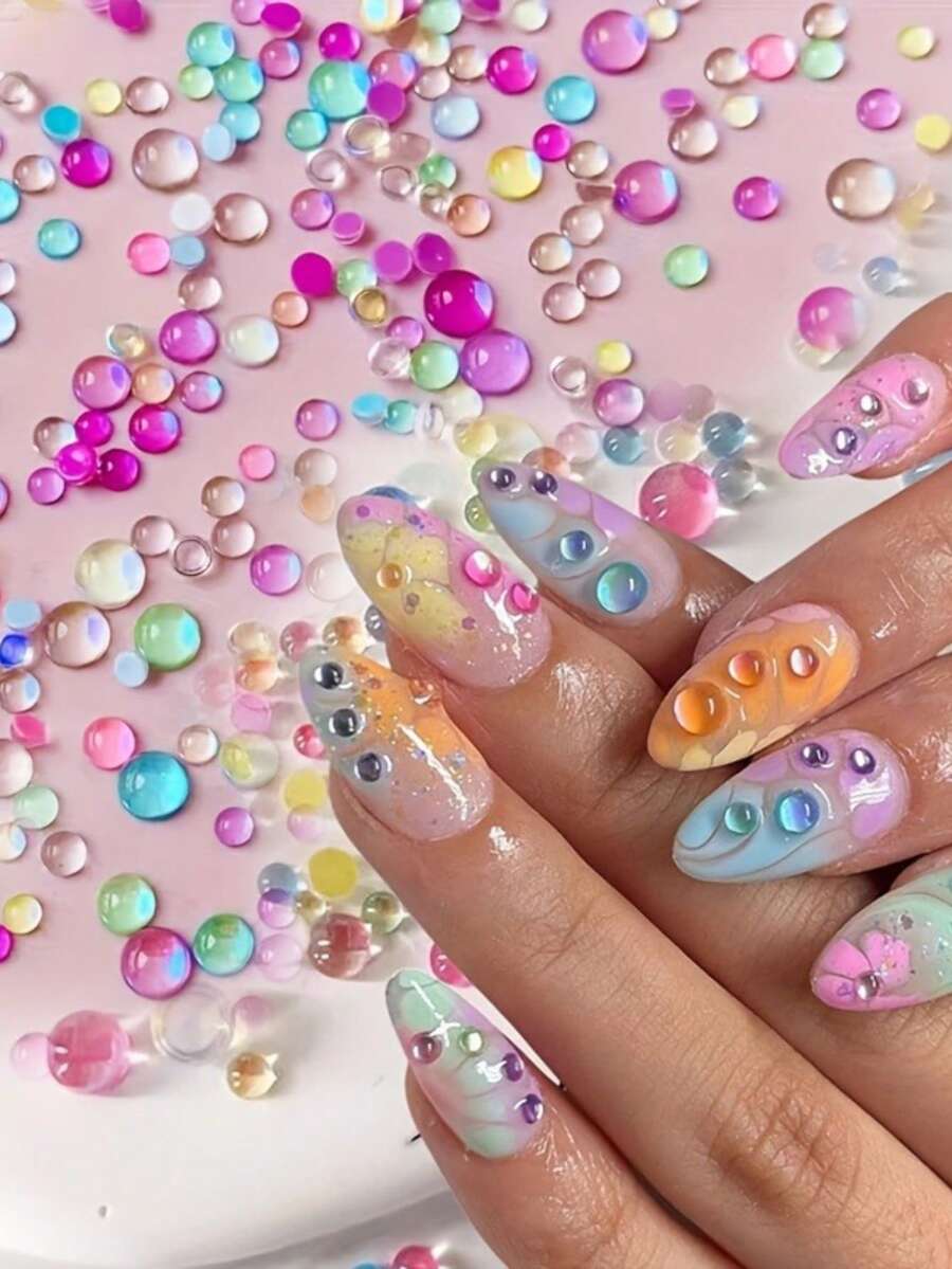 1440顆美人魚珠飾美甲飾品,混色水晶珠美甲寶石裝飾,玻璃平底水鑽美甲3D泡泡珠美甲藝術配件 - 杏色 - 查看 1