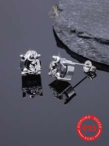 1 pieza Pendientes de botón de mujer de diseño único y minimalista premium en plata de ley 925 con circonita, forma geométrica redonda de alga marina, adecuados para vacaciones, banquetes, uso diario, ir al trabajo, estilo exquisito perfecto para regalo de cumpleaños y aniversario - Plateado - Ver 5
