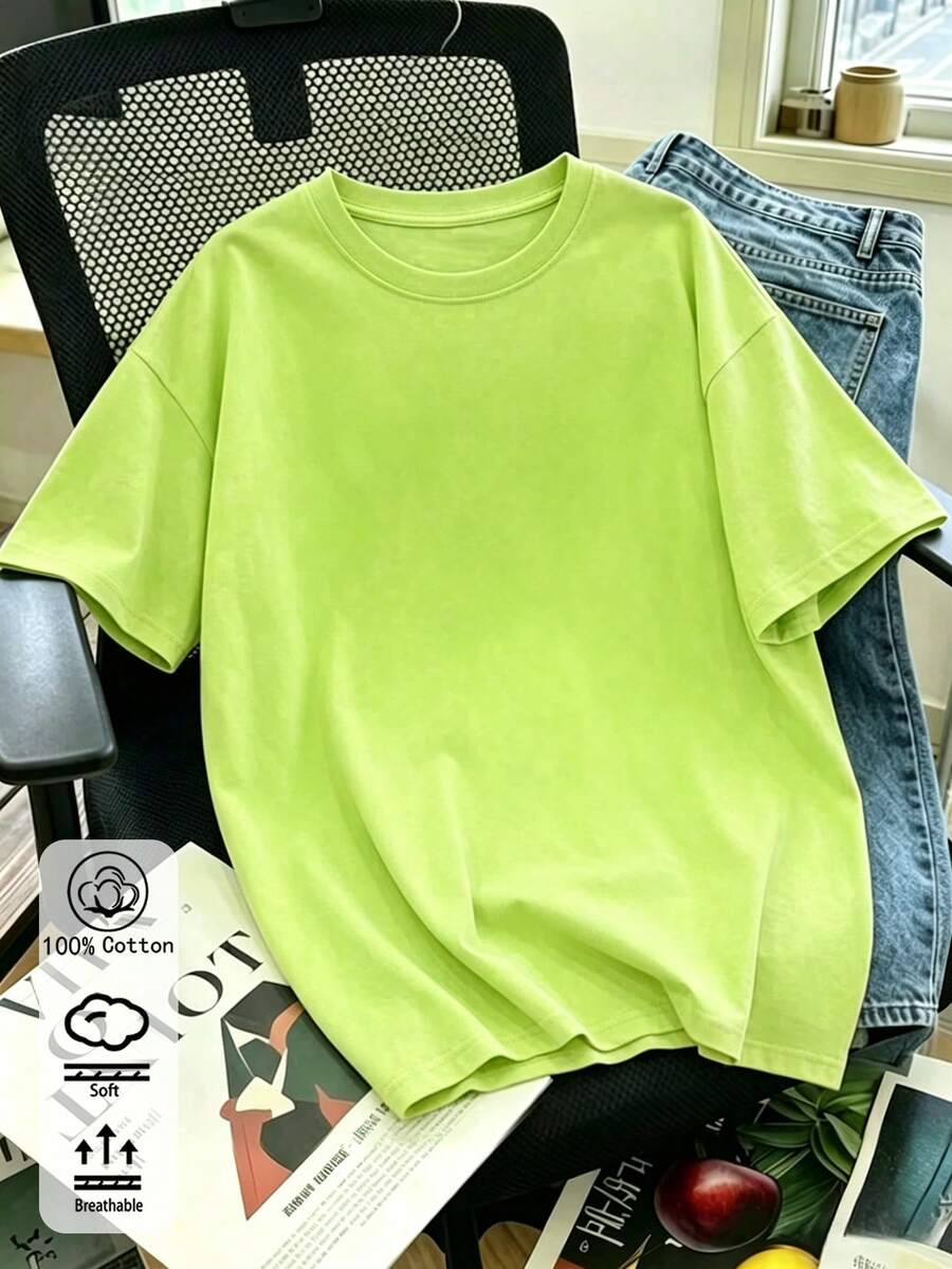 100%棉 男女同款螢光綠T卹，plus size，春夏 四季 新款 運動上衣，休閒 時尚 柔軟 透氣 中性短袖上衣 - 螢光綠 - 查看 1