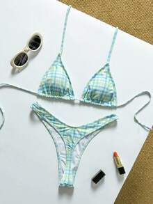 Baju Renang Wanita Motif Garis-Garis untuk Liburan, Cocok untuk Musim Panas di Kolam Renang hingga Pantai, Bikini Segitiga Mini Sehari-hari yang Menawan - Mint Green - View 3