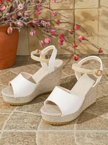 Sandalias de plataforma con cuña y hebilla de unicolor estilo retro para mujer de talla grande - Blanco - Ver 6