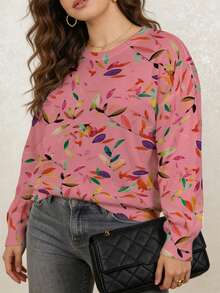 ASHKATIA Women's Plus Size Printed Knit Pullover Sweater, Long Sleeve Round Neck Drop Shoulder Ribbed Knit Top, Autumn Style, Non-Positioned Print Vacation - Multicolor - View 10