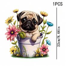 1/2/3件耐用可水洗熱轉印熨燙貼布，可愛巴哥犬躺在淺灰色金屬桶中，周圍環繞粉色、黃色、藍色野花與綠草的卡通水彩圖案，乙烯基熱轉印貼紙，熨燙貼花－適用於枕頭、DIY、背包、T恤、帆布袋、連帽衫、牛仔褲、衣物、縫紉用品 - 多色 - 查看 8