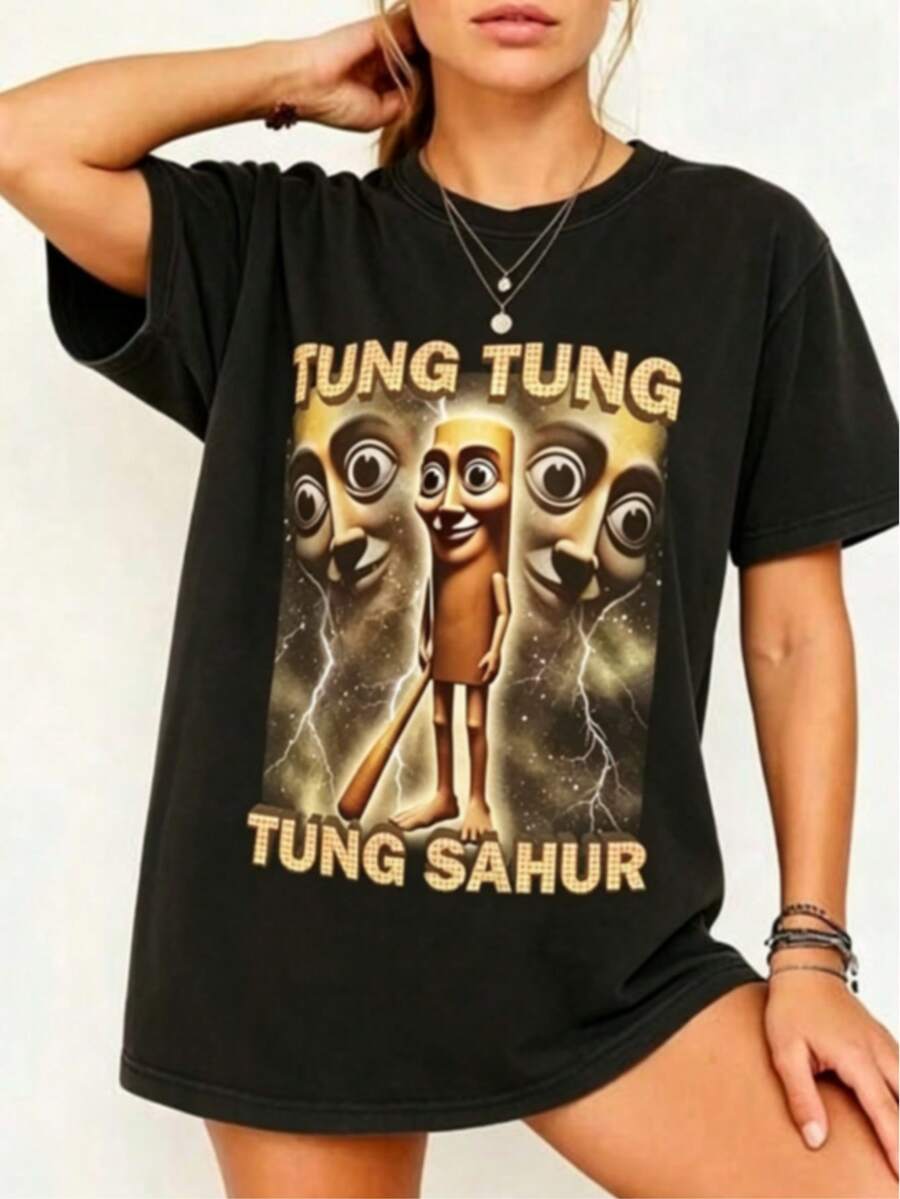 Women's Round Fitted-Shirt Tung Sahur Graphic Printed-Shirt Funny Round Neck Short Sleeve Tops Clothing Unisex-Suitable Daily Wear, Vacation, Party - 黑色 - 查看 1