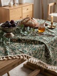 1pc Green Grassland Tablecloth Green Jacquard Natural Tassel Dining Tablecloth Rectangular Coffee Table TV Cabinet Entryway Multi-Functional Cover Suitable For Holiday Gatherings Birthday Parties Wedding Banquets Dining Table Decoration Restaurant Living Room Decoration Office Coffee Table Mat Home Decoration Room Decoration All Seasons - Green - View 5
