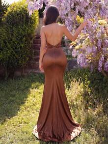 Faeriesty Elegant Backless Spaghetti Strap Long Dress, With Pleated Design, Sleeveless Mermaid Evening Gown , Graduation Ceremonies, Parties Wedding Party - Coffee Brown - View 2
