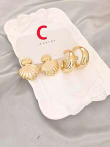 Juego de 2-7 pares de aretes tipo cuff para oreja con flores y conchas en oro desgastado vintage, estilo de diseñador de nicho, mezcla de múltiples formas, aretes de botón para uso diario - Dorado - Ver 3
