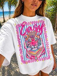 Preppy Style Tiger Print T-Shirt, Casual Crew Neck T-Shirt, Women's Summer Clothes, Y2k Clothing, Streetwear, Women's Summer Outfits - 白色 2 - 查看 1