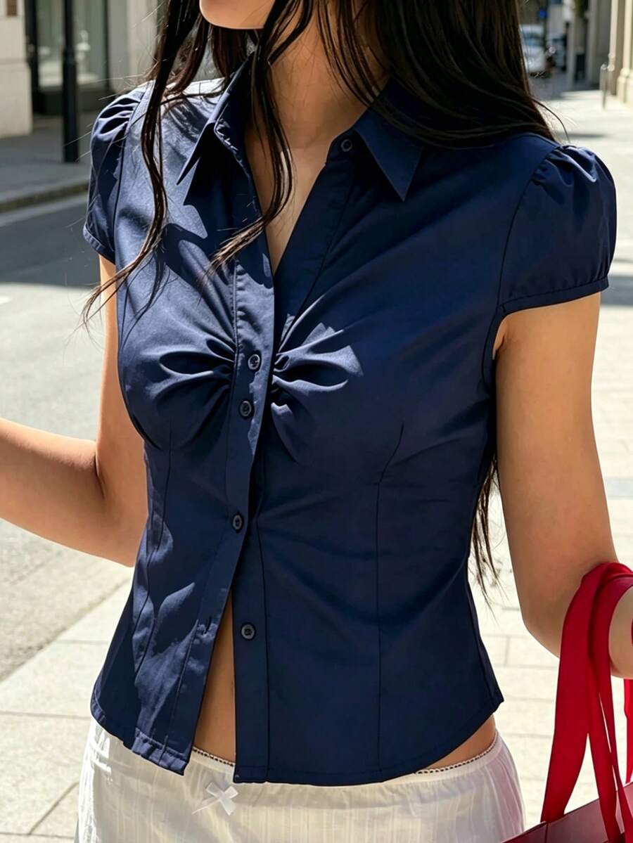 Chemise d'uniforme scolaire décontractée pour femme, sexy vintage bleu marine, col à boutons, manches courtes, coupe slim, devant plissé, été & hiver - Bleu marine - Voir 1