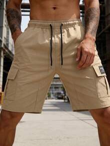 Men's Casual Solid Color Cargo Shorts, Summer Men's Sports Shorts, Drawstring Waist, Large Capacity Pockets, Suitable For Daily Outings, Casual Sports And Multiple Occasions - Khaki - View 3