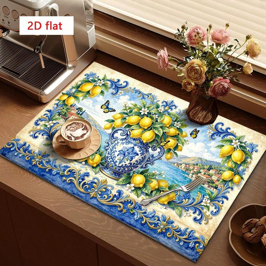 1pc Dish Drying Mat, Coffee Machine Mat, Polyester Fiber Absorbent Mat, Mediterranean Seaside Town, Blue & White Porcelain Vase, Lemon Floral & Butterfly Pattern, Durable, Highly Absorbent, Suitable For Dining Table, Cafe, Multi-Purpose Drainage Mat, Home Gift, Tabletop Decor
