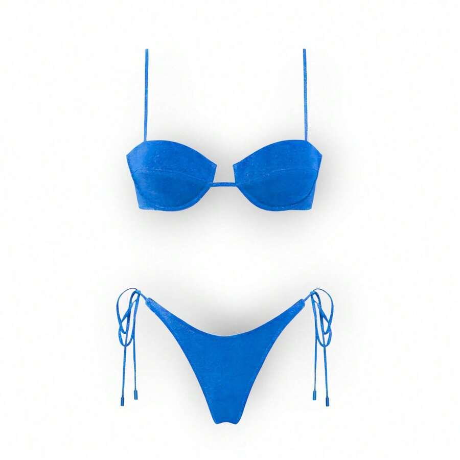 Women's Glossy String Bikini Set Soild Swimsuit Women's Fashion Bikini Green Halter Sport Swimsuit Beach Vacation Low Cut Shiny - 藍色 - 查看 1