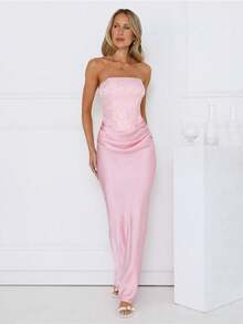 Elegant Women Sexy Pleated Decor Dress, Cocktail Party Gown, Cute Party Dress, Mermaid Style Long Cocktail Dress, Woven Fabric, Backless Party Style Wedding Spring Pink - Pink - View 5