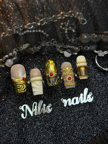 10pcs Handmade Full Coverage Square Press-On Nails, Gold Nail Art, European Vintage Baroque Palace Luxury Style, Reusable Fake Nails, Includes Jelly Glue And Nail File, Suitable For Weddings, Parties, Formal Banquets, Dates, Cosplay, Birthday Celebrations - Gold - View 4