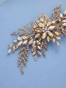 1pc Handmade Champagne Rhinestone Leaf Hair Comb, Elegant Bridal Headpiece For Wedding, Prom, Party - Champagne - View 5