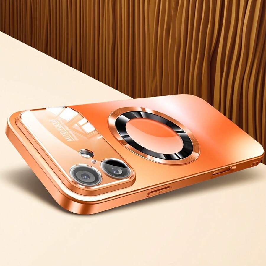 [Local Delivery Within 24 Hours]Matte Metallic Silver Phone Case, Available In Multiple Colors, With A High-End Appearance, Large Glass Lens Window Paired With A Circular Magnetic Decoration, And -Plated Gold Edges Outlining The Frame. The Integrated Lens Protection Cover Is Paired With A Circular Decorative  And Features Clean, Rounded Edges. The Case Is Easy To Clean Without Leaving - 橘色 - 查看 1
