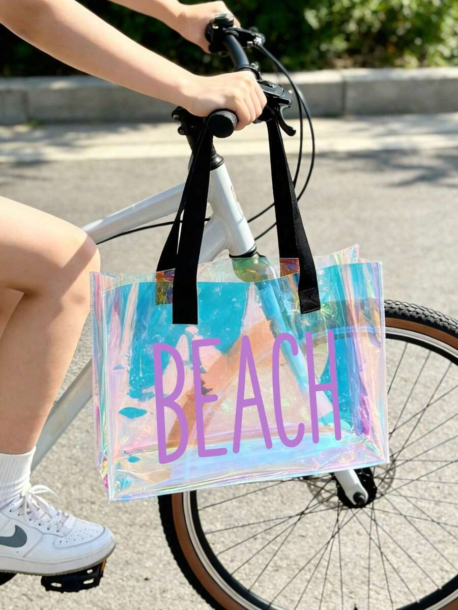 "BEACH" Print Transparent Tote Bag, Colorful Transparent Beach Bag, Large Waterproof PVC Swimming Bag, Portable Transparent Travel Shoulder Bag, Lightweight Durable Pool Bag, Fashion Transparent Handbag Suitable For Beach Vacation, Swimming, Sports Training, Fitness, Travel, Daily Outings, Shopping, Mother's Day, Birthday, Anniversary, Party Gift For Women, Girls, Moms, Friends, Summer Essential