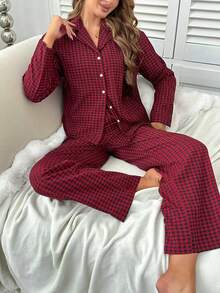 Nina Bonheur 2件組女款格紋鈕扣長袖睡衣上衣 + 直筒彈性腰長褲家居服套裝 - 酒紅色 - 查看 3