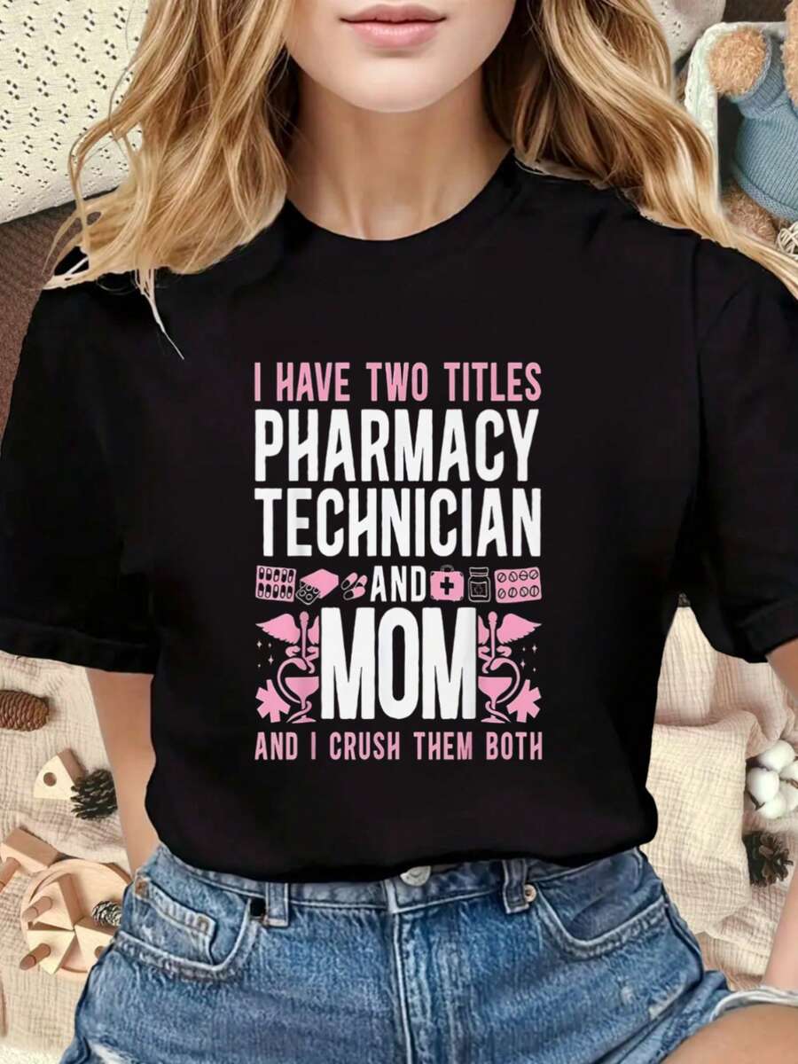 Camiseta para Mamá Farmacéutica| Negro con texto rosa y blanco, iconos, símbolos de farmacia, pastillas y diseño de medicamentos para el trabajo y la maternidad, cuello redondo, manga corta, - negro - Ver 1