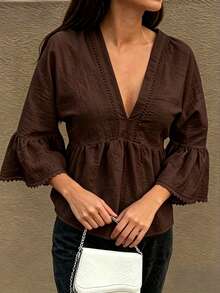 Women's Solid Color Deep V-Neck Top, Lace Trim Bell 3/4 Sleeve Cinched Waist Blouse, Loose Commute Elegant Casual Shirt - Coffee Brown - View 8