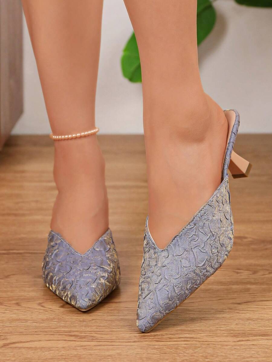1 Pair Women Grey Backless Pointed Kitten Heel Mules High Heel Pumps Slip On Wedding Summer Design - Grey - View 1