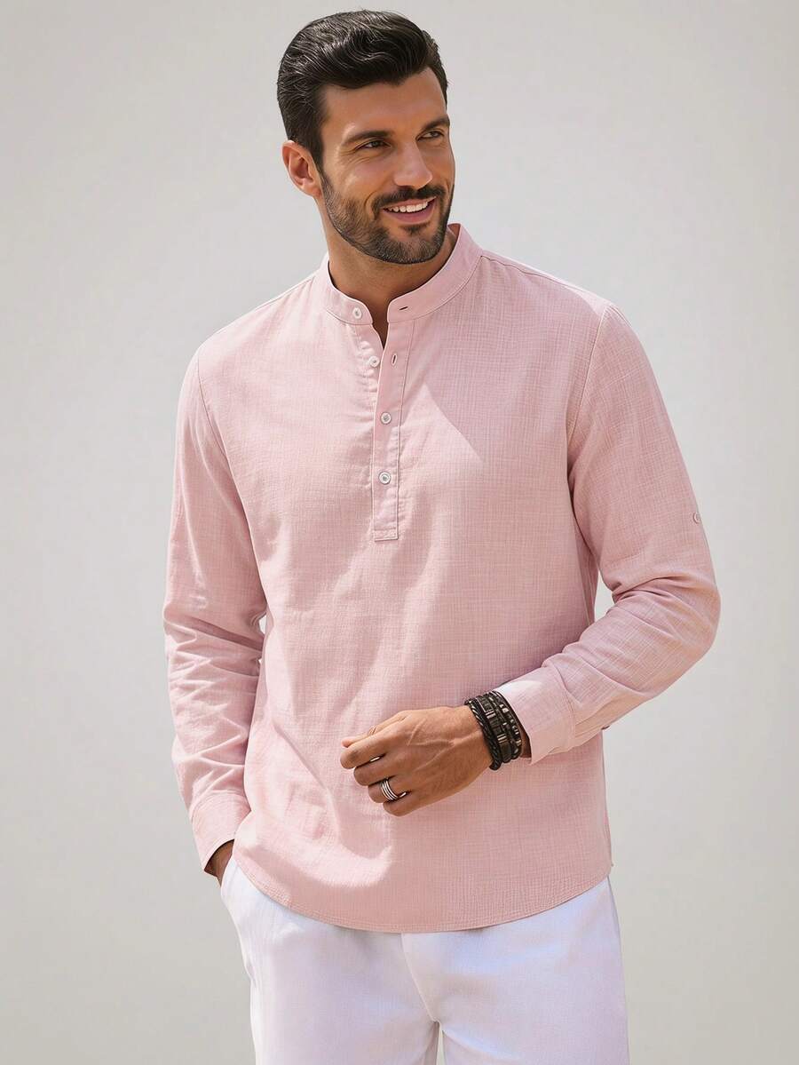Officeau Men's Pink Solid Stand Collar Long Sleeve Polyester Loose Fit Shirt, Button, Button Front, Button Down Shirt, Casual, Comfortable, Versatile Gift For Father/ Husband