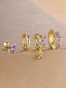 4pcs/Set Cute Butterfly Cubic Zirconia Earrings Set, Women's, 18K Gold Plated, Minimalist Stainless Steel Studs - 4pcs Earrings Set - View 5