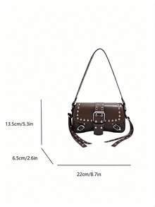 Vintage Punk Silver Rivet & Multi Buckle Saddle Crossbody Bag, Wide Eyelet Strap Faux Leather Motorcycle Shoulder Purse, Y2K Streetwear Small Handbag - Coffee - View 2
