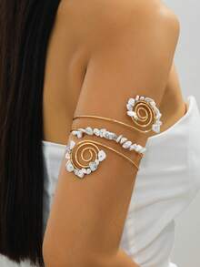 1 pieza Brazalete de brazo para mujer estilo bohemio de verano, personalizado, de moda, oversize, exagerado, curvo, tejido a mano con piedra blanca - Blanco - Ver 1