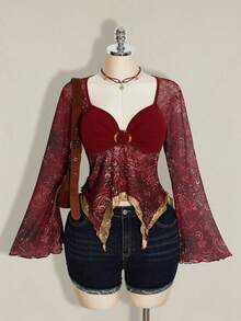 ICON Camiseta de mujer con estampado de paisley estilo bohemio para vacaciones, bajo asimétrico, mangas acampanadas, vintage Y2K, otoño - Multicolor 4 - Ver 1