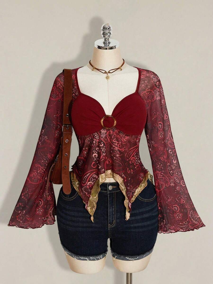 ICON Camiseta de mujer con estampado de paisley estilo bohemio para vacaciones, bajo asimétrico, mangas acampanadas, vintage Y2K, otoño - Multicolor 4 - Ver 1