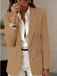 Women's Long Sleeve Lapel Button Jacket, Elegant Slim Fit Blazer Lightweight Coat, Creating A Fashionable And Refined Academic Style - Khaki - View 8