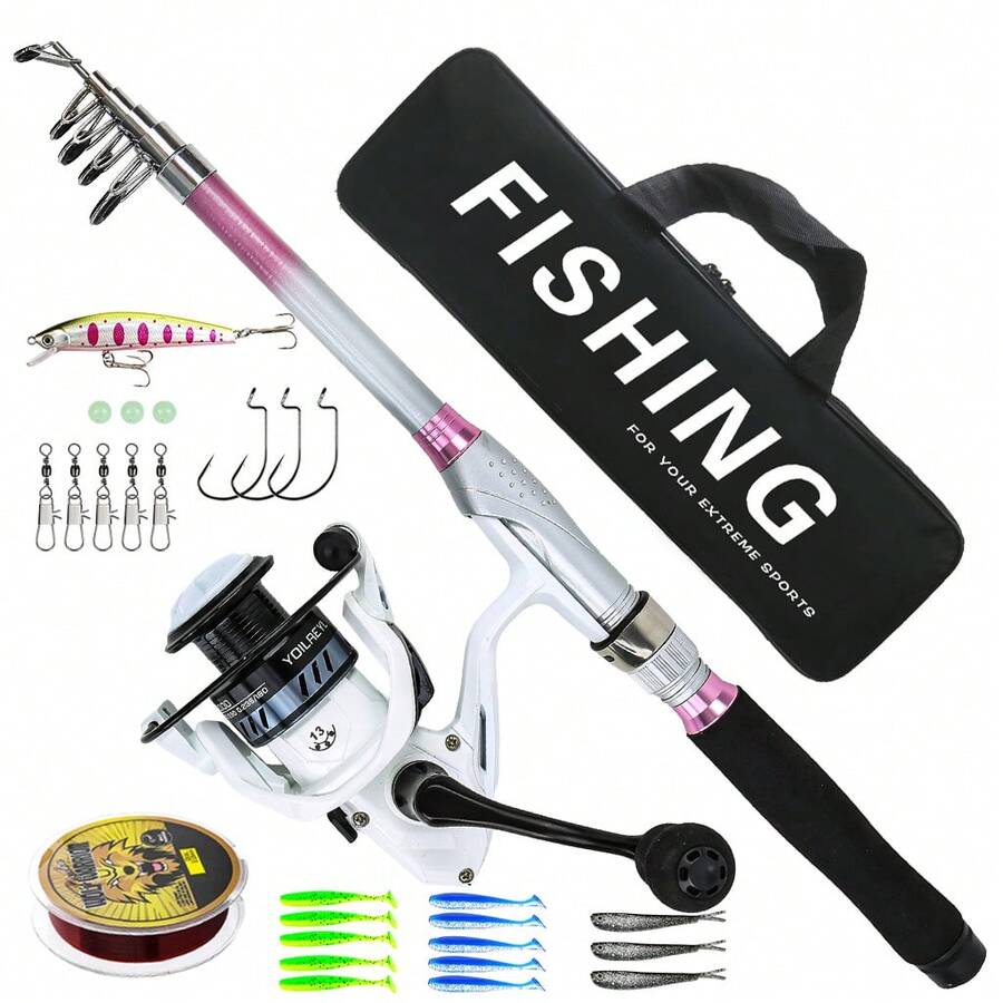 White Pink Fishing Rod & Reel Combo Stylish Beginner Friendly Ready To Use Portable Kit For River Stream Lake Angler Gift