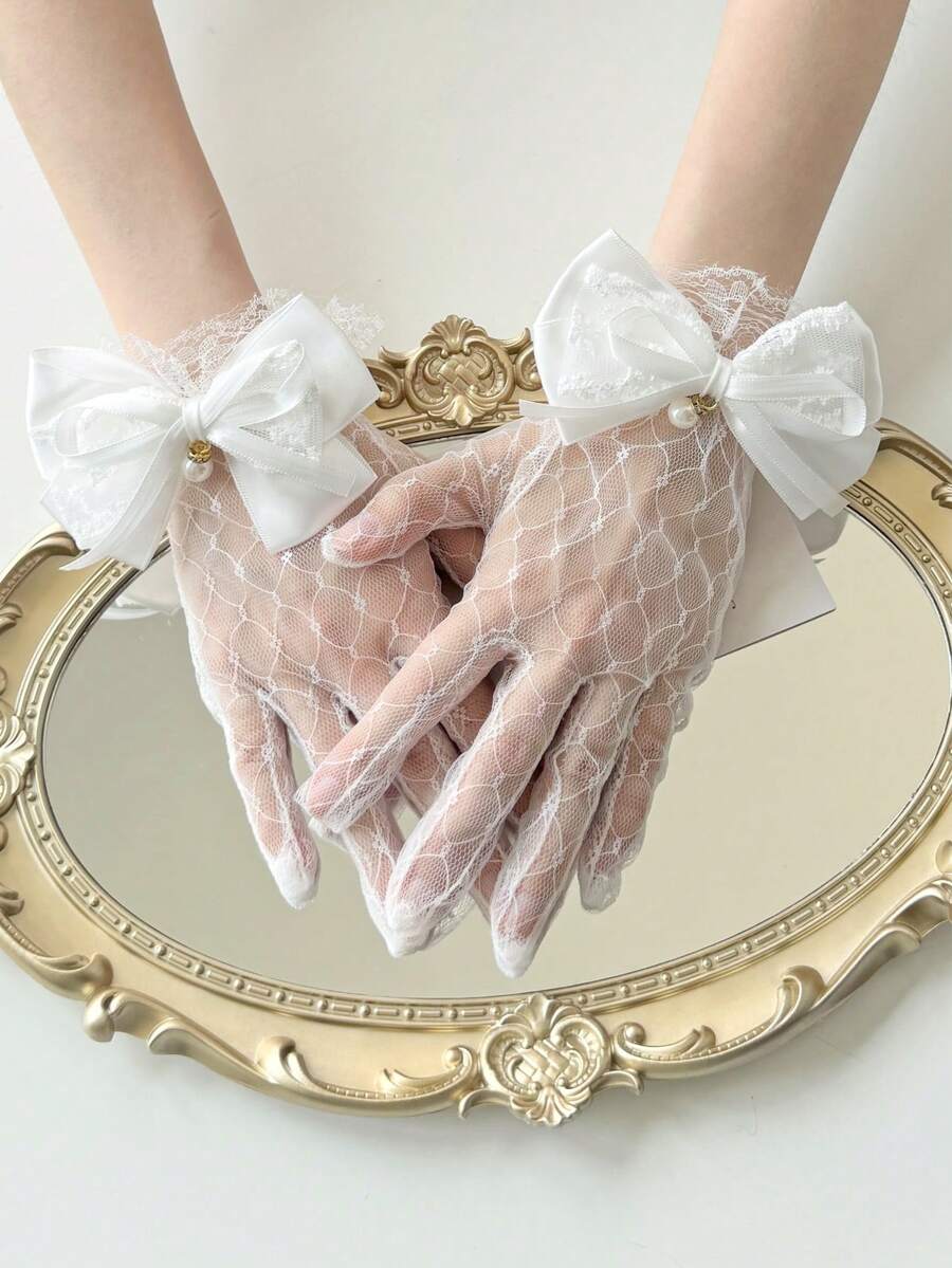 1雙女童春夏薄款蘿莉塔新娘Cosplay蕾絲手套,附蝴蝶結,百搭款 - 白色 - 查看 1