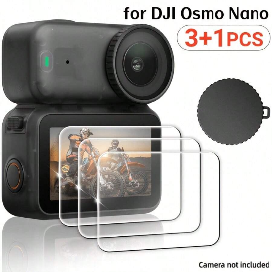[3+1pc] Screen Protector Set, Compatible With DJI Osmo Nano, 3pcs Ultra HD 9H Hardness Tempered Glass + 1pc Rubber Lens Cap, Scratch-Resistant, Anti-Fingerprint, Bubble-Free, Camera Nano Additional Protection.
