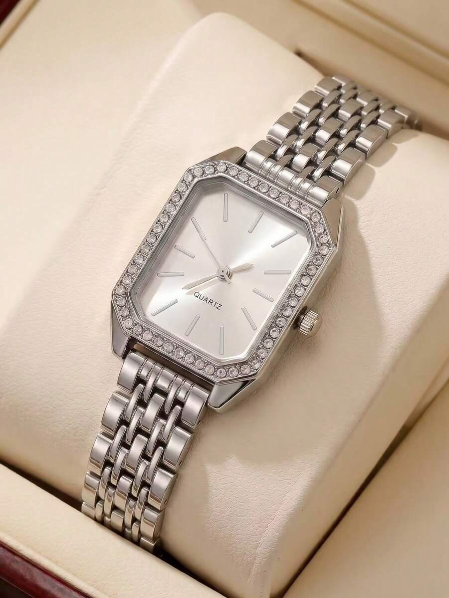 1pc/Set Teenager Octagonal Rhinestone Trim Quartz Watch, No Packaging Box, Metal Steel Band Wristwatch, Suitable For Back To School, Vacation And Holiday Wear - Silver - View 1