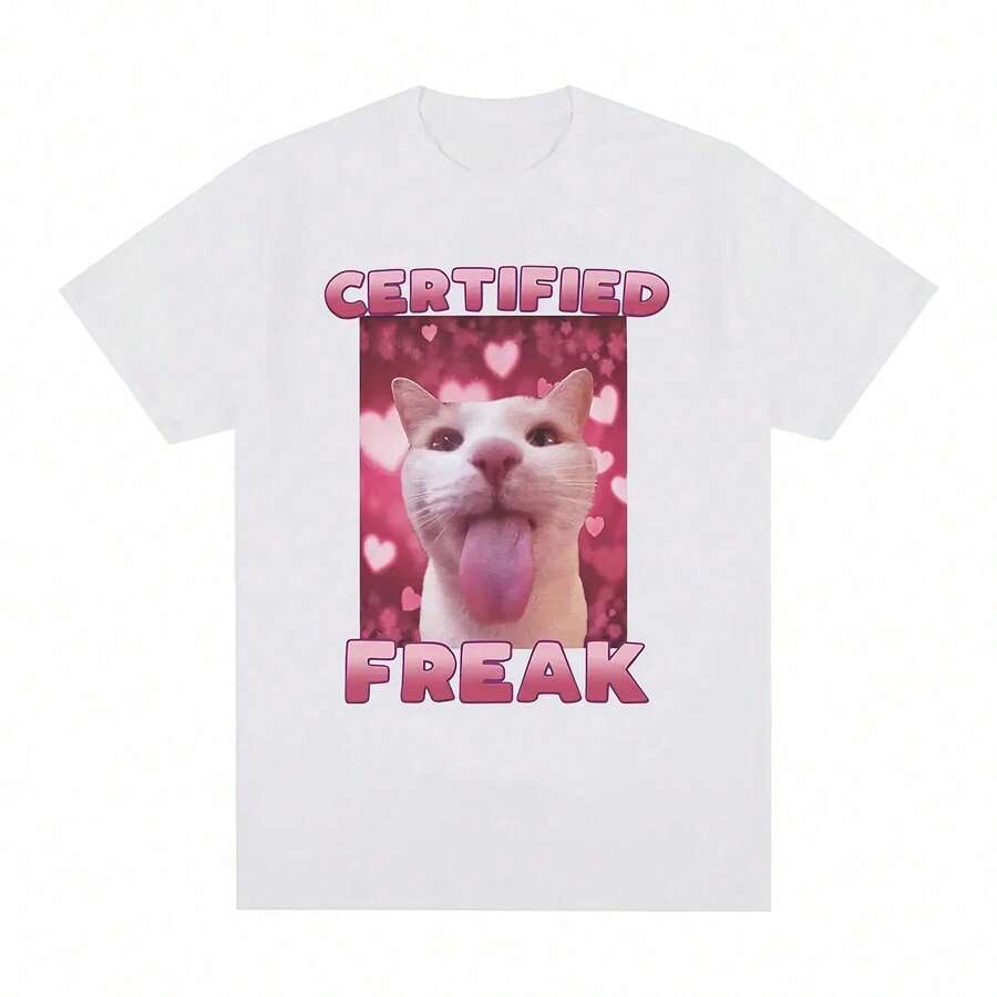 Camiseta con estampado de gato divertido certificado Freak para mujer, camiseta Retro de manga corta a la moda, camiseta informal de talla grande - Blanco - Ver 1