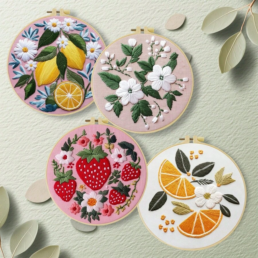 Embroidery Kit, 15x15cm/5.9x5.9 Inch, 20x20cm/7.9x7.9 Inch, Handmade DIY Embroidery Kit, Lemon, Daisy, Strawberry Embroidery Patterns, Simple Patterns, Classic Patterns, Suitable For Adult Beginners, Includes Embroidery Fabric, Instructions, Embroidery Hoop And Needle & Thread, Gifts For Friends And Family, Furniture, Office Handmade Art