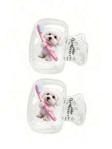 Cute 2 Teddy Dogs Holding Hands Toothbrush Pattern Portable Toothbrush Head Cover Storage Box Toothbrush Protective Cap Holder, Essential Bathroom Accessory For Home, Business Travel, Daily Use, Outdoor Outings, Back To School Gift - Multicolor - View 17