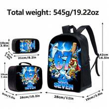 3 PIEZAS Mochila escolar de 16.5 pulgadas con bolso de mano y estuche para lápices para primaria, escuela primaria y secundaria - 67 y tiburones - Ver 3