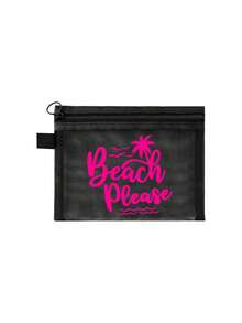 印有彩色「Beach_please」文字、椰子樹與海鷗圖案的沙灘網袋，沙灘主題 - 便攜式化妝包，大容量透明化妝包，可收納口紅與氣墊粉撲，海岸風格。輕巧易攜，耐用，夏威夷風格網狀化妝包，適合沙灘度假、夏季旅行、游泳、購物、健身、母親節、情人節、教師節、畢業季、開學季、齋月、女性旅行、短途旅行 - 彩色 - 查看 13